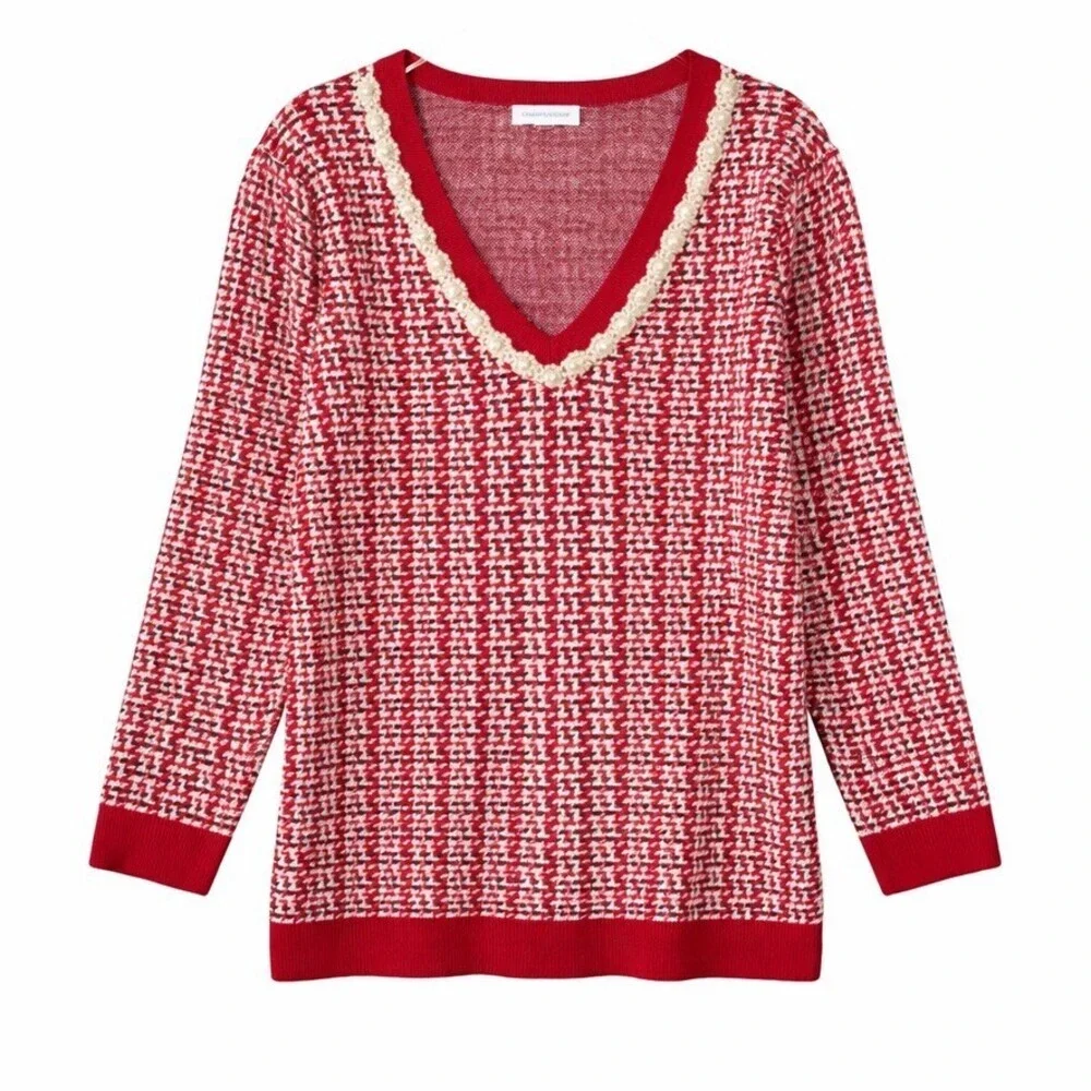 Charter Club Embellished Sweater Red Pearl Trim V Neck Womens Size XXL NWT